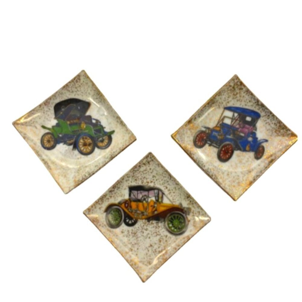 Napco Japan Hand Painted Porcelain Dishes Cars Set 3 VTG MCM 50s‎ 60s Kitsch